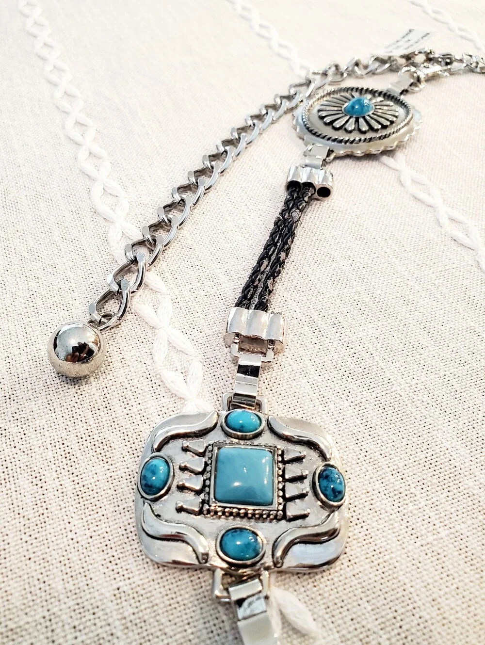 Silver Concho Belt with Black Braided Cord and Turquoise Accents